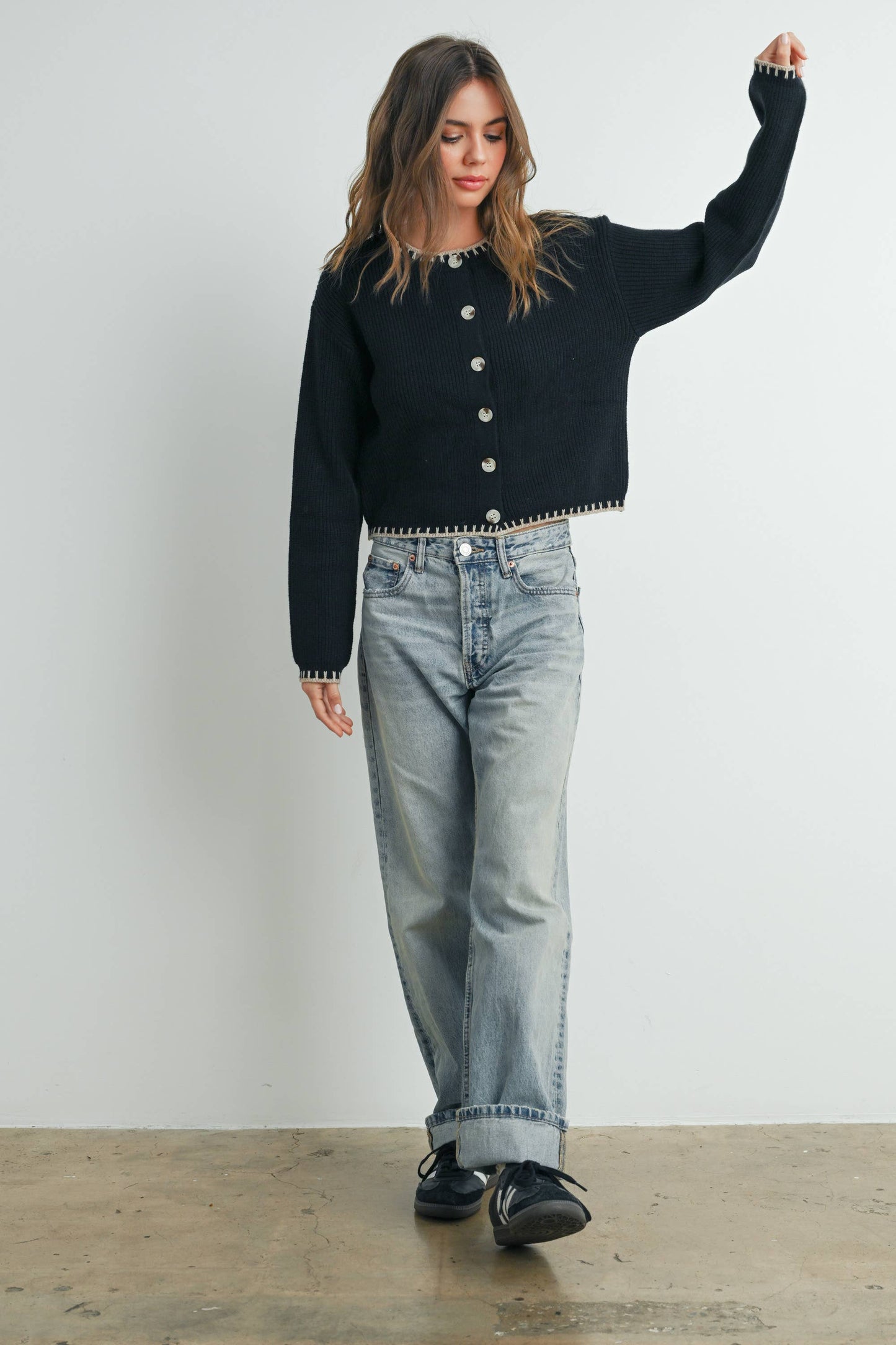Women's Crewneck Cardigan Sweater - BMC7526: TAUPE / BLACK / S