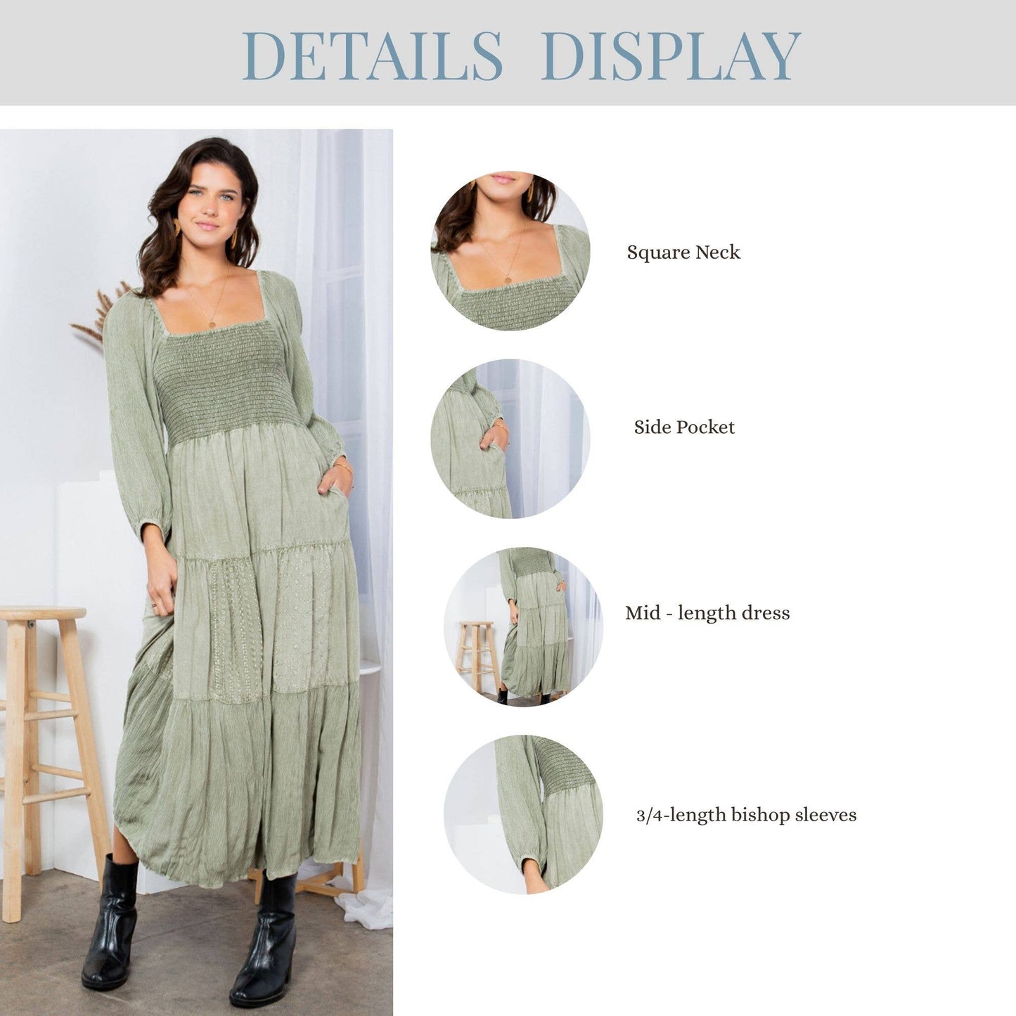 Embroidered Empire Mid-Length Dress (New Color): Amber / REGULAR (S-M-L-XL 1-2-2-1)