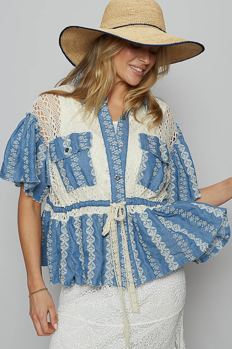Denim Crochet Tie Blouse