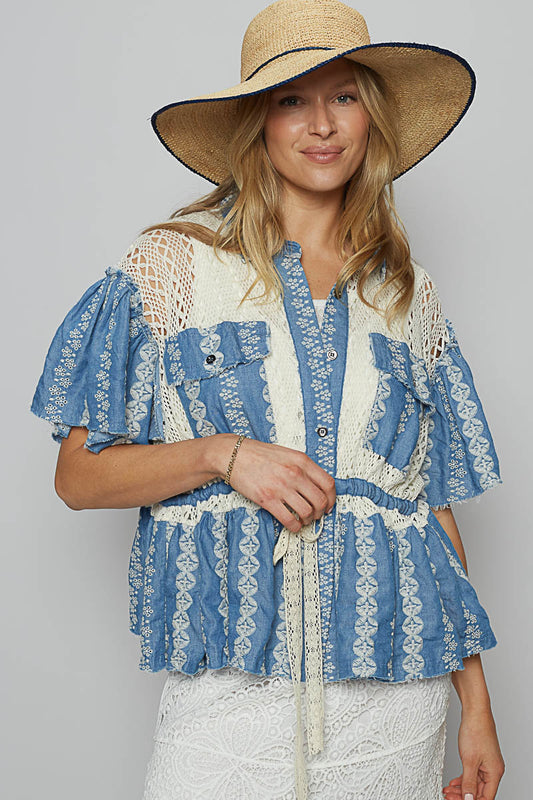 Denim Crochet Tie Blouse