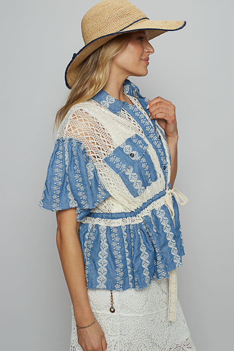 Denim Crochet Tie Blouse