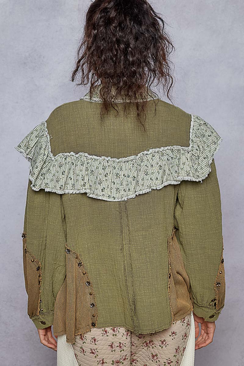 Olive Ruffled Button Up