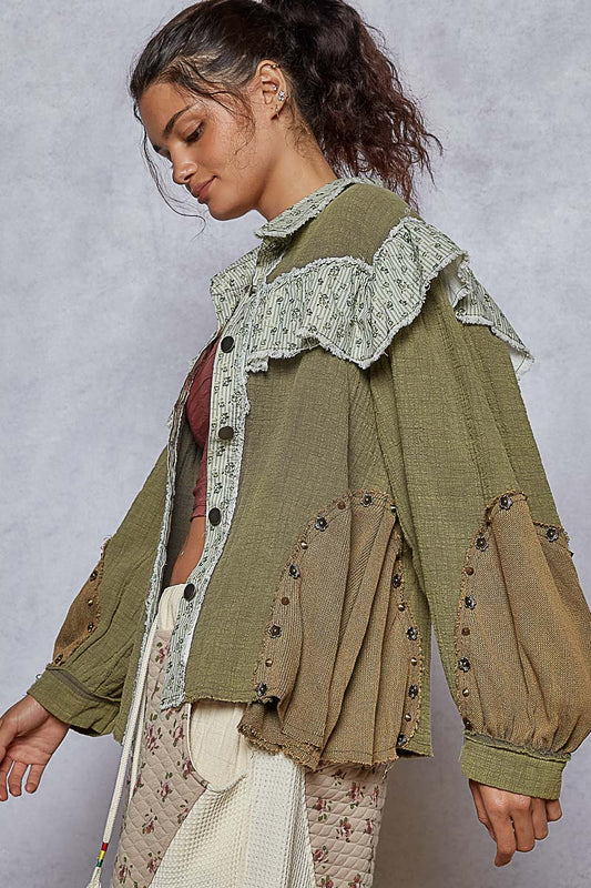 Olive Ruffled Button Up