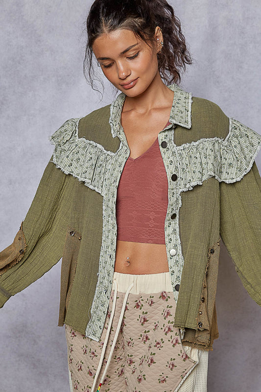 Olive Ruffled Button Up