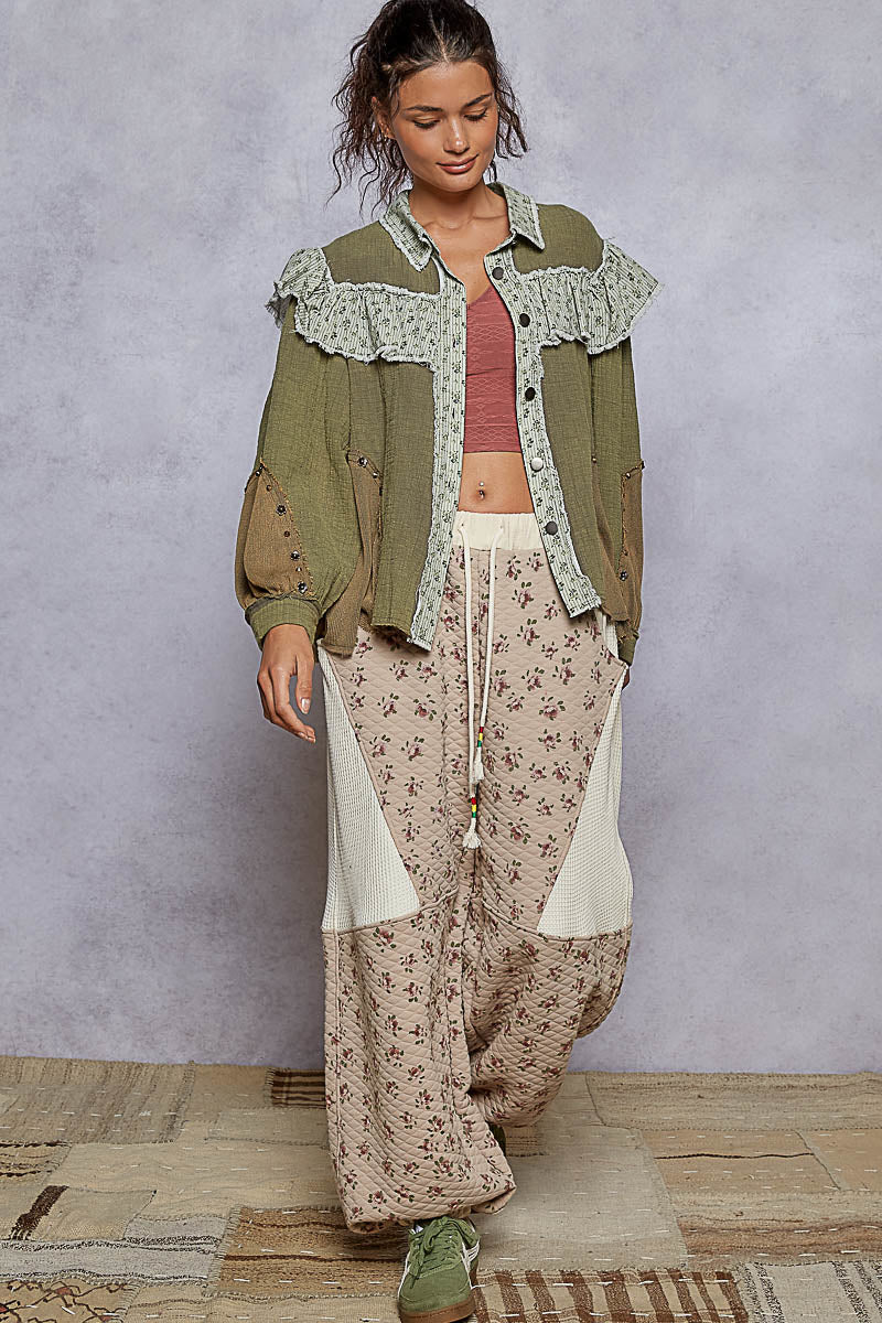 Olive Ruffled Button Up