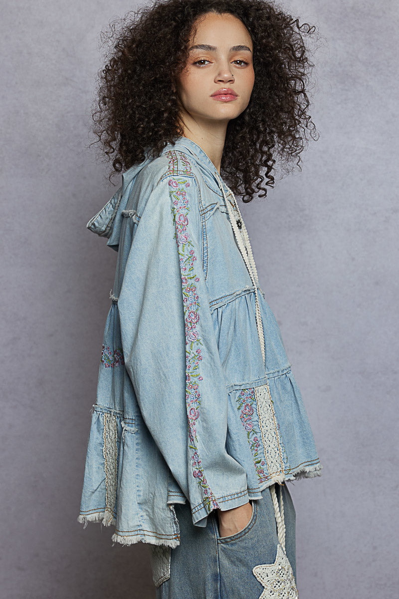 Denim Embroidered Hoodie