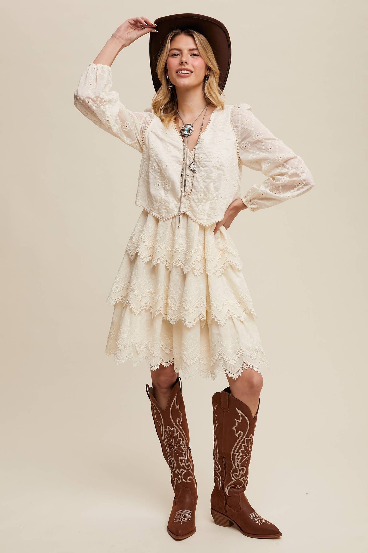 Ecru Tiered Scallop Mini Dress