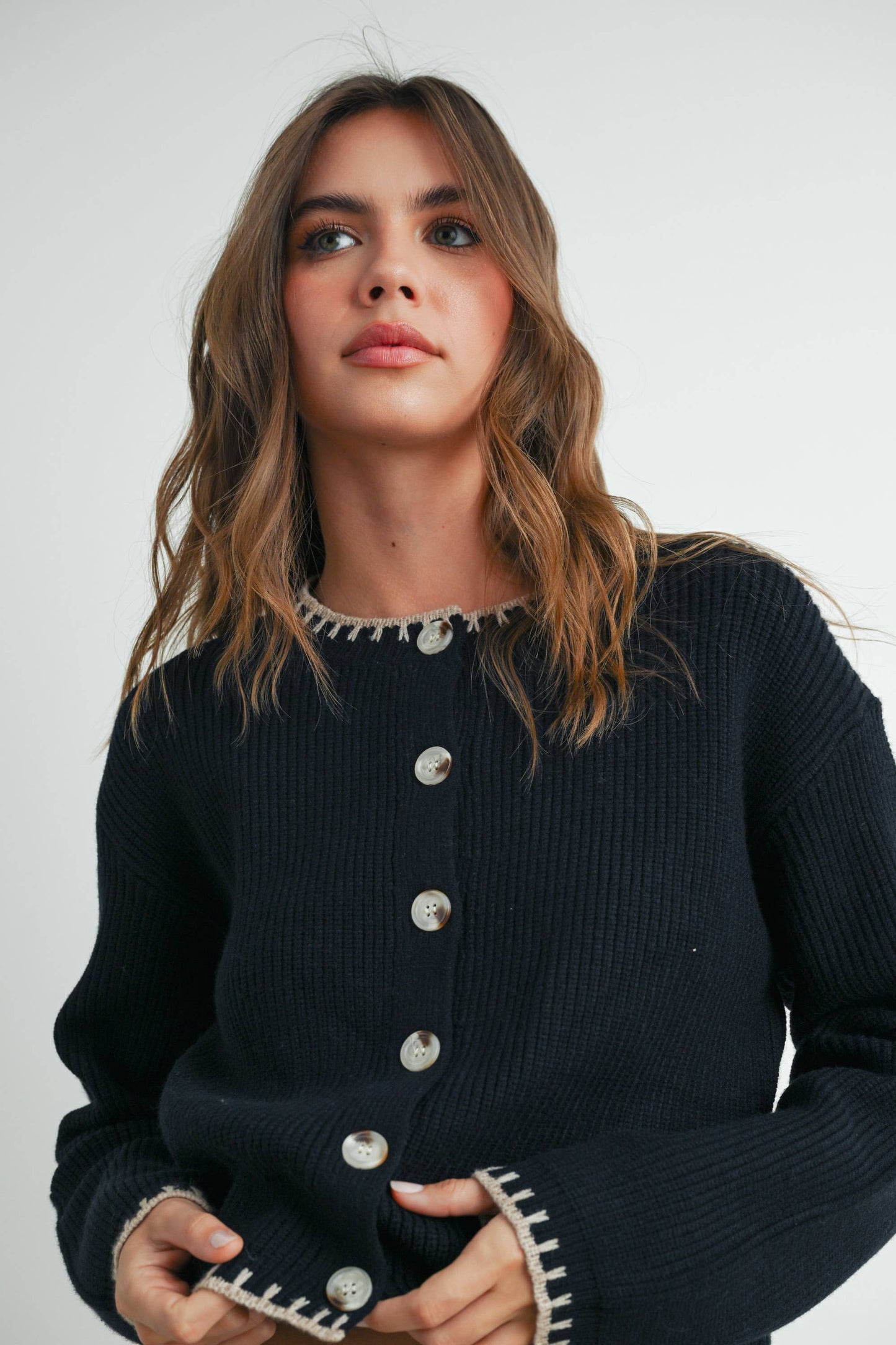 Women's Crewneck Cardigan Sweater - BMC7526: TAUPE / BLACK / S
