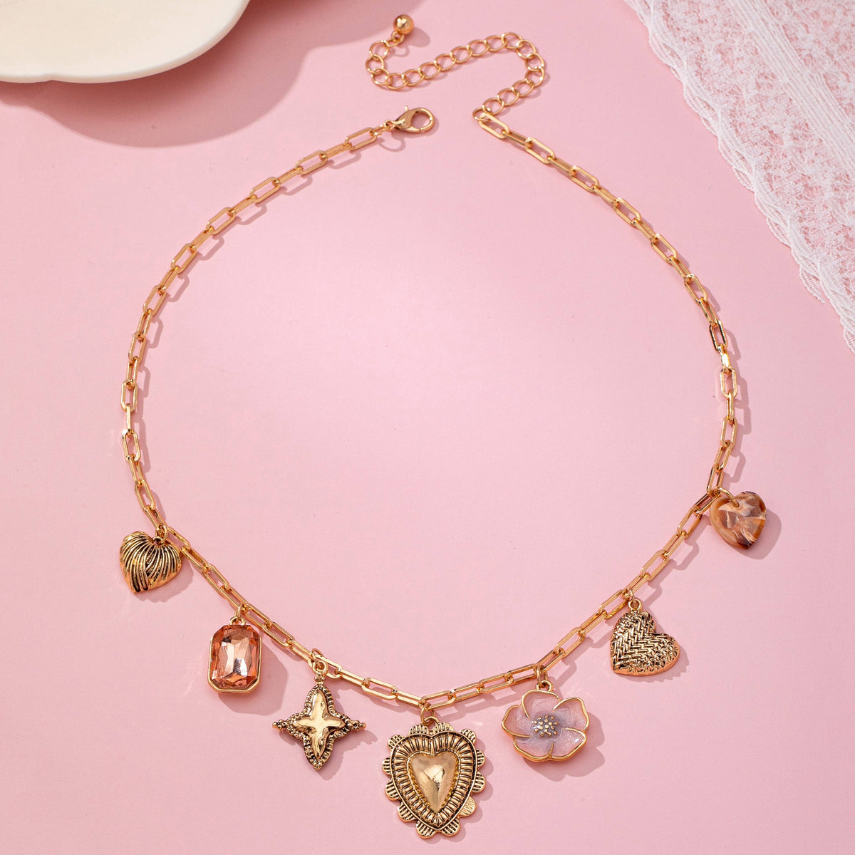 CHARM NECKLACE-HEART FLOWER RHINESTONE CLOVER | 80N92697: GOLD