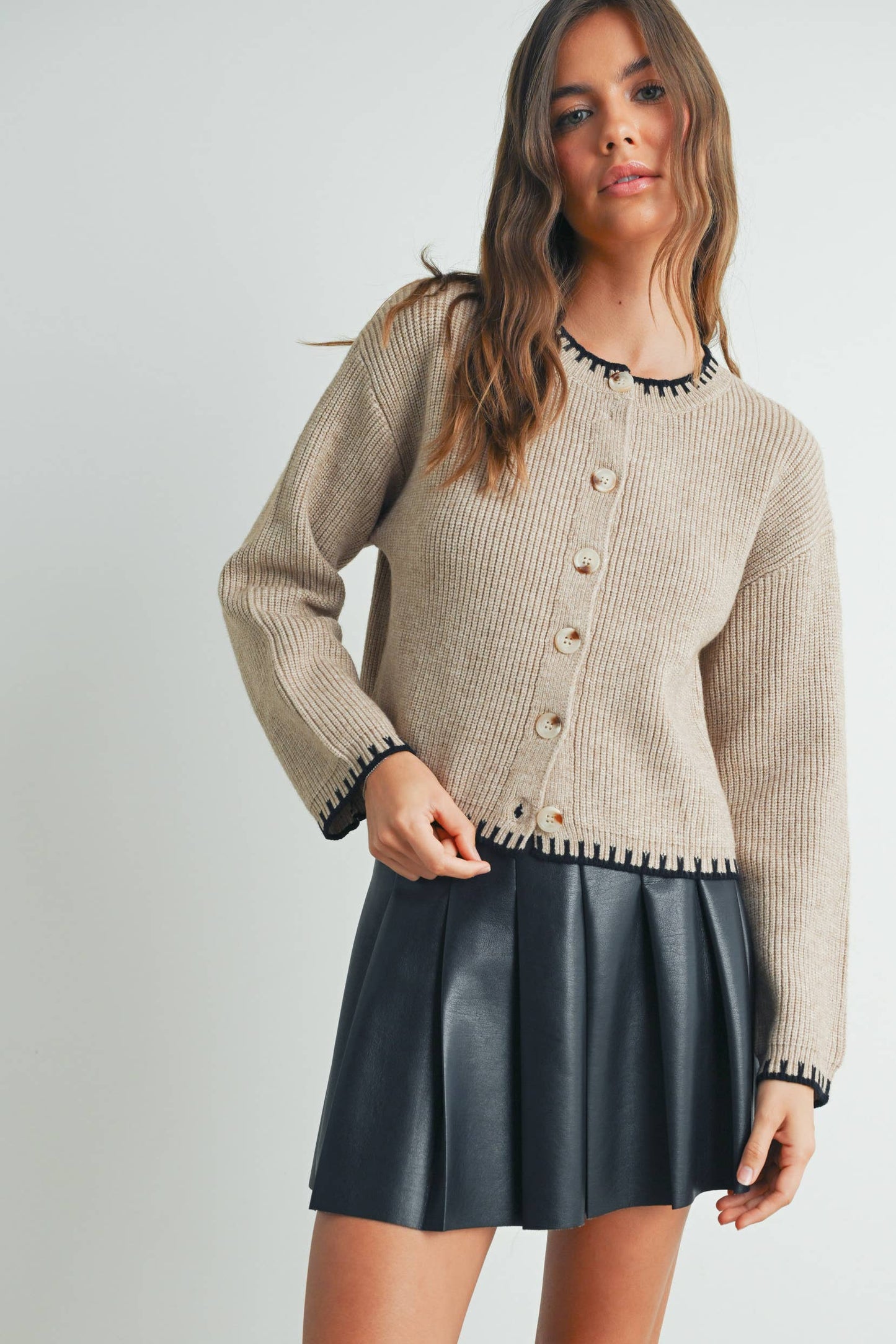 Women's Crewneck Cardigan Sweater - BMC7526: TAUPE / BLACK / S
