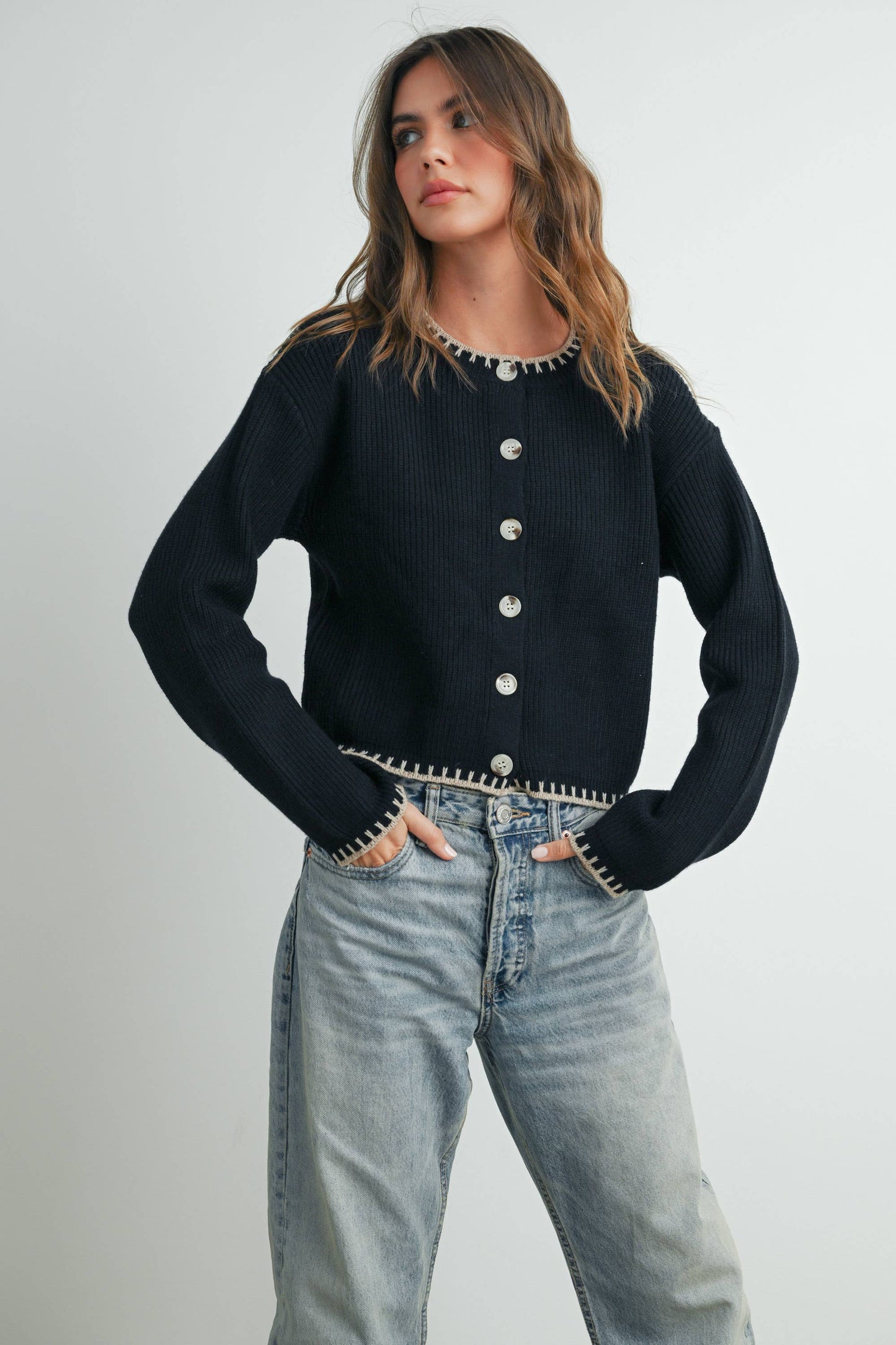 Women's Crewneck Cardigan Sweater - BMC7526: TAUPE / BLACK / S