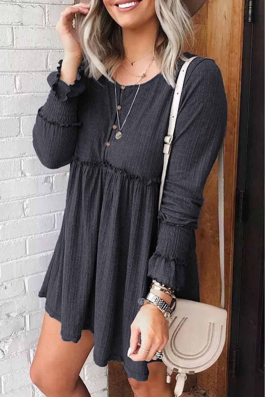 Gray Button Babydoll Dress