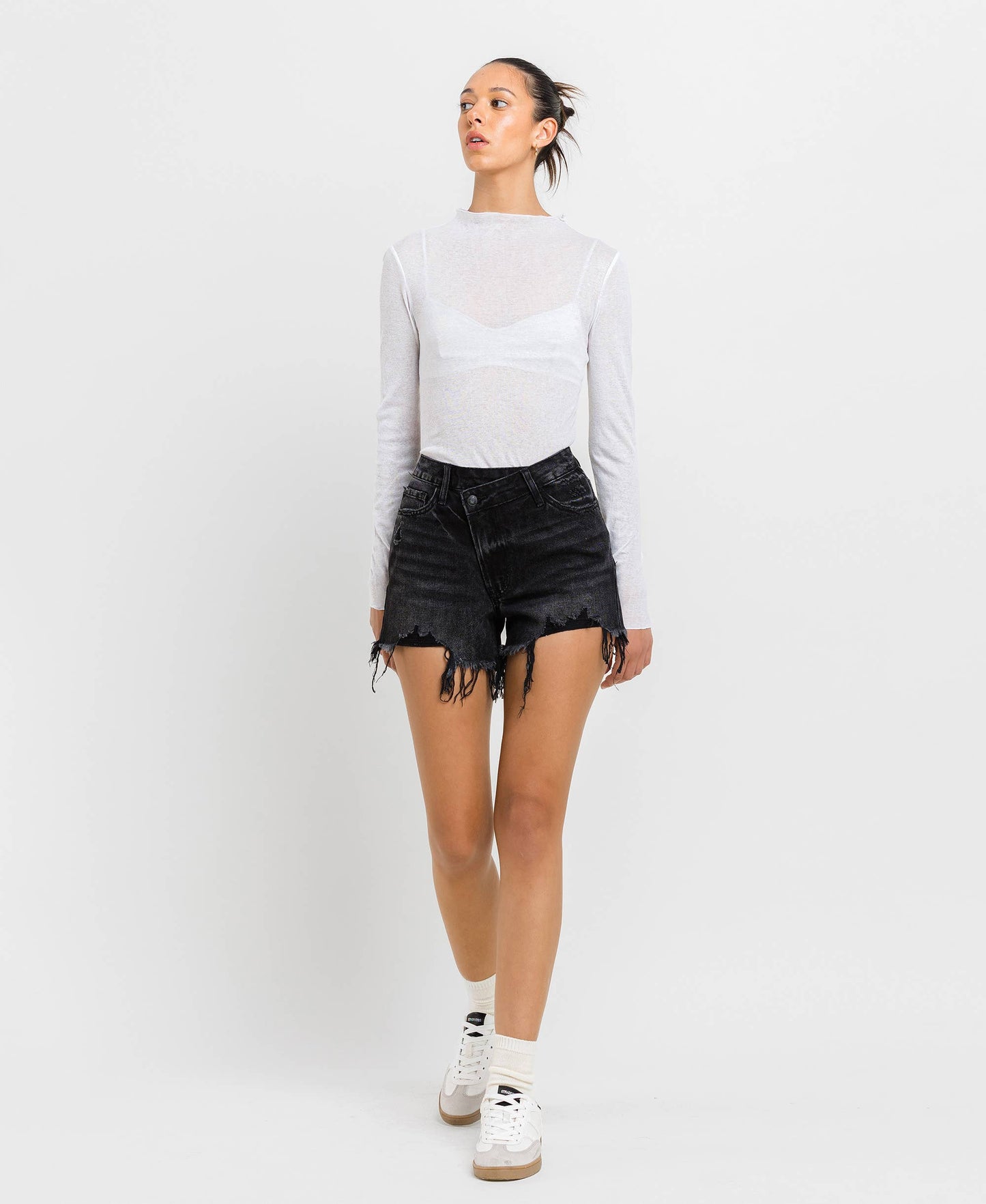 Black High Rise Raw Hem Shorts
