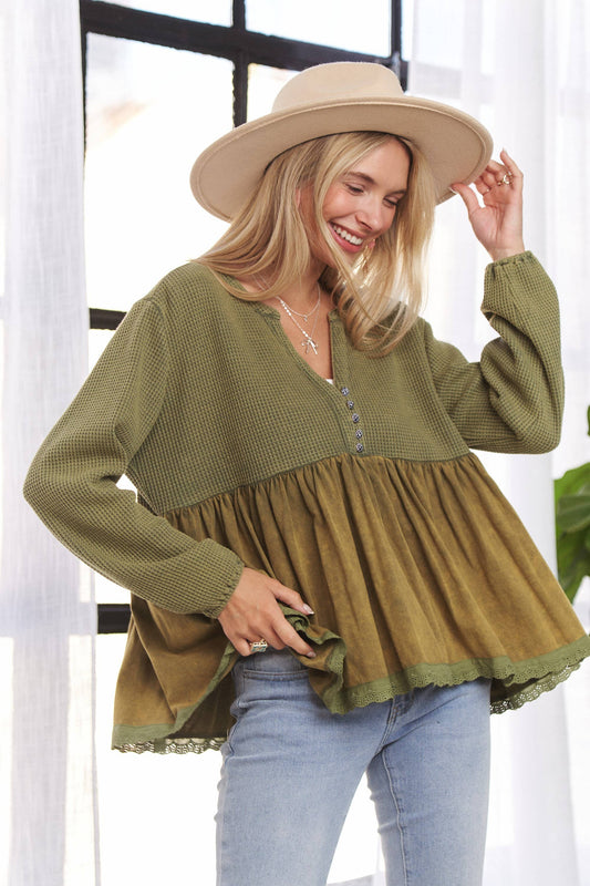 LET3678WN - MINERAL WASHED BABYDOLL TOP: OLIVE / S-M-L(2-2-2)