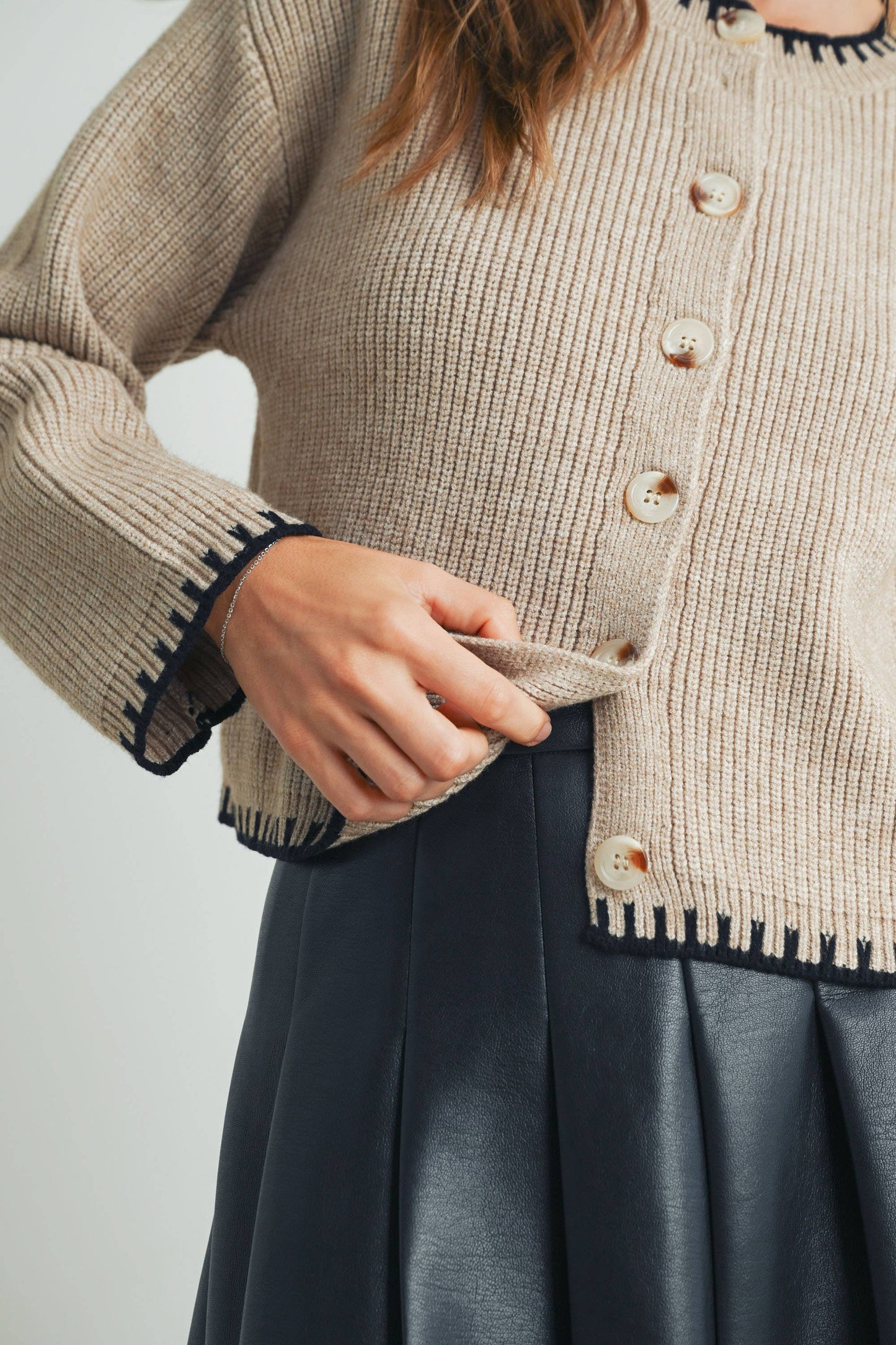 Women's Crewneck Cardigan Sweater - BMC7526: TAUPE / BLACK / S