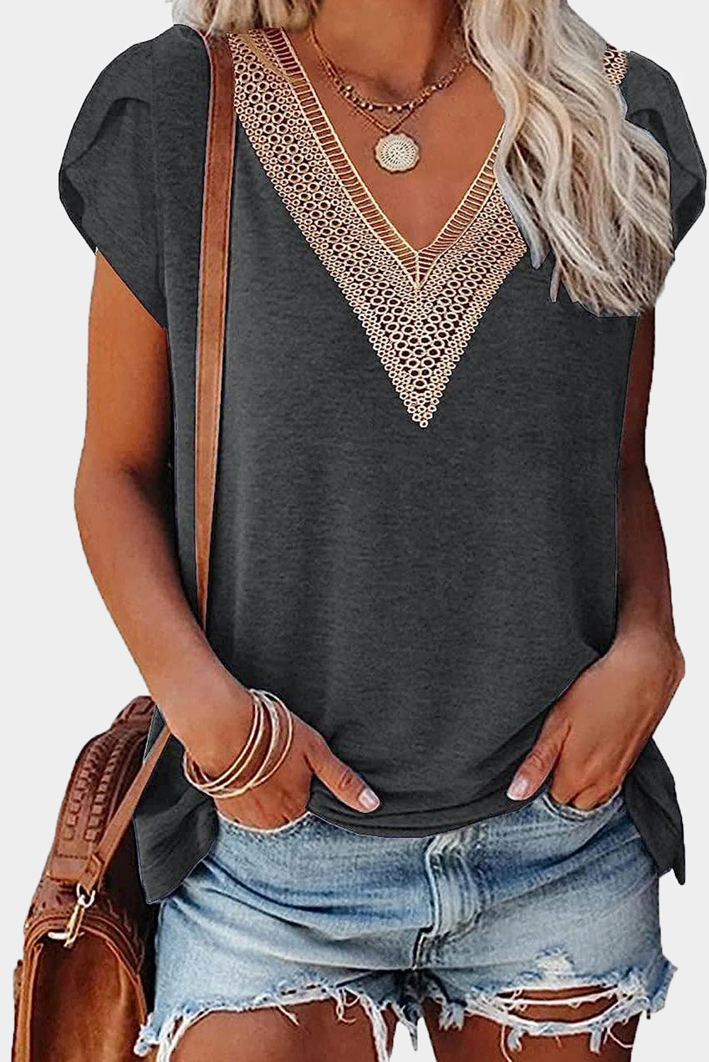Gray Lace Trim V-Neck