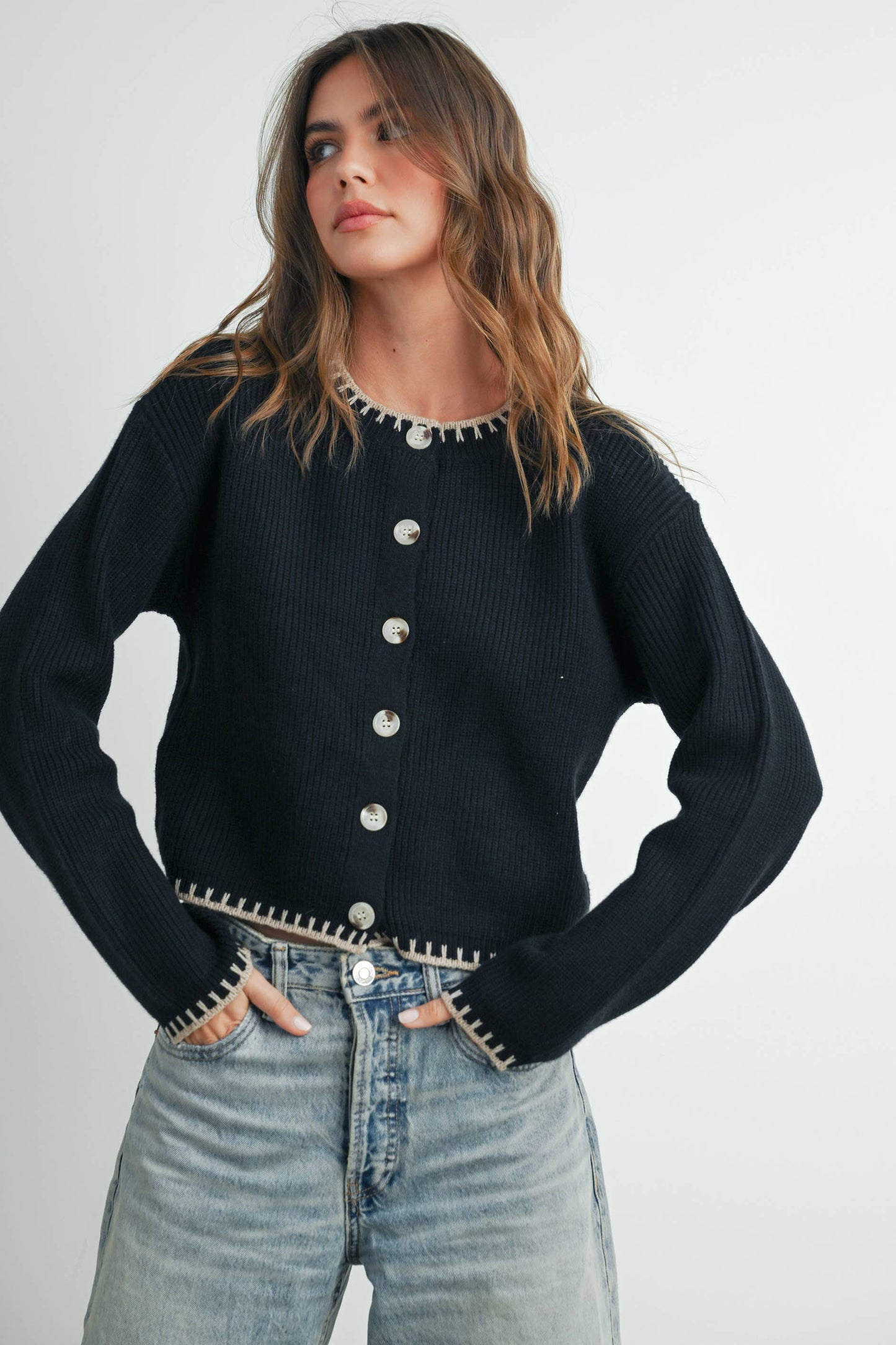 Women's Crewneck Cardigan Sweater - BMC7526: TAUPE / BLACK / S