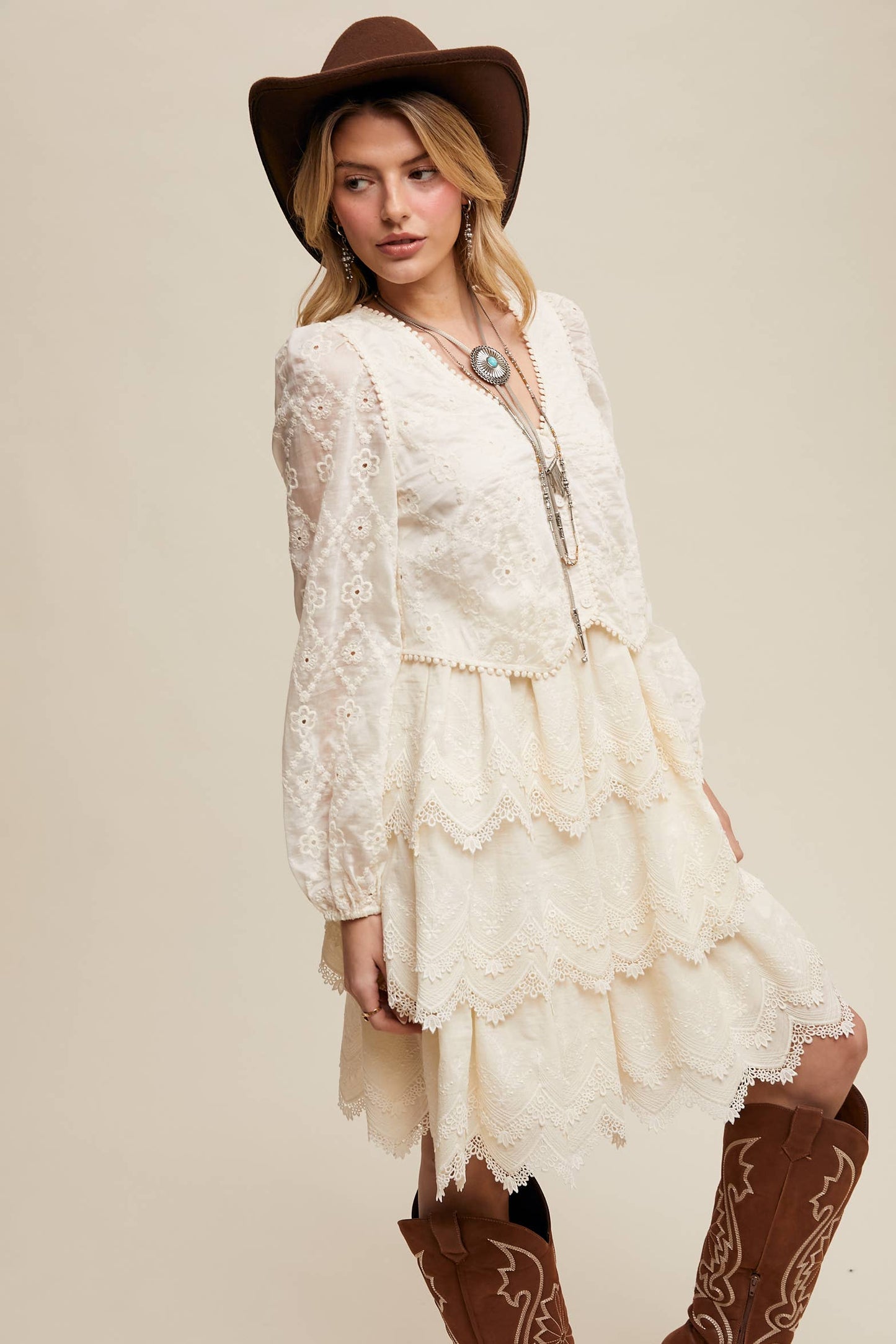 Ecru Tiered Scallop Mini Dress