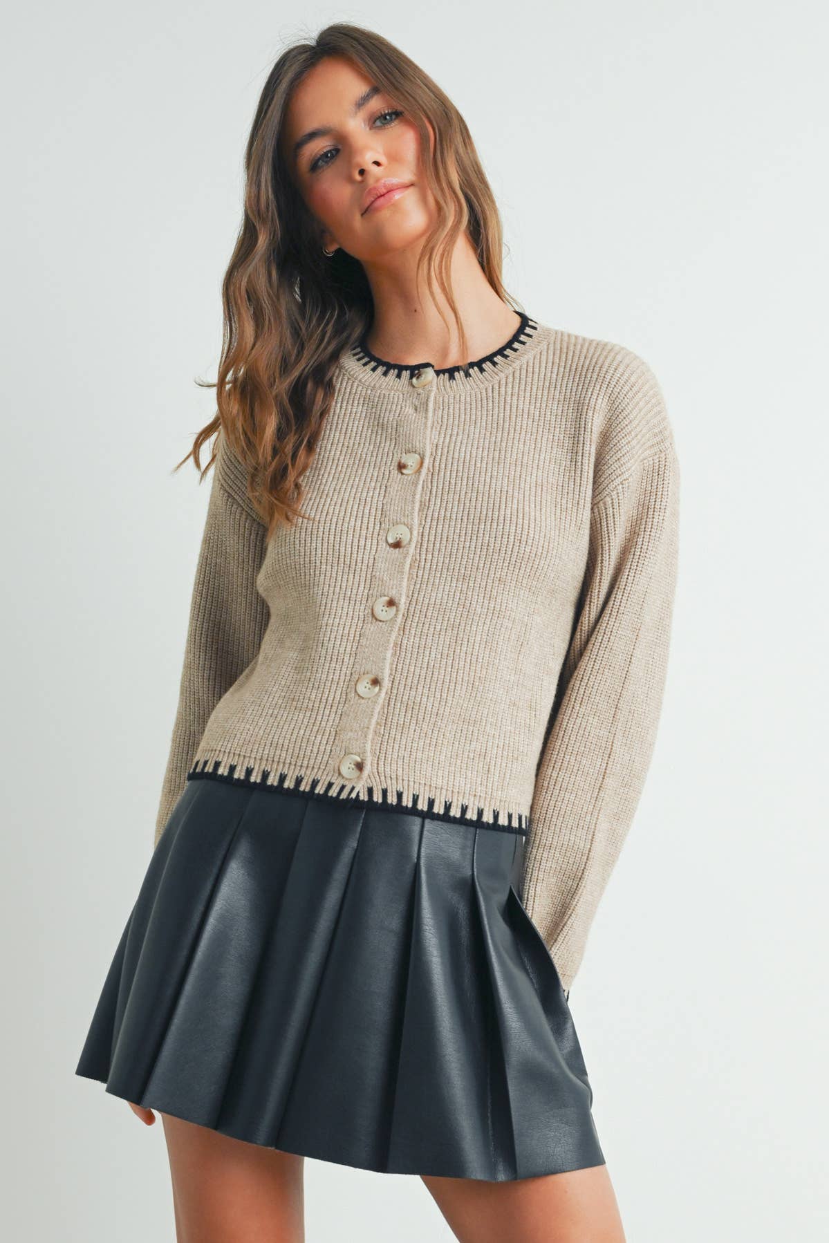 Women's Crewneck Cardigan Sweater - BMC7526: TAUPE / BLACK / S