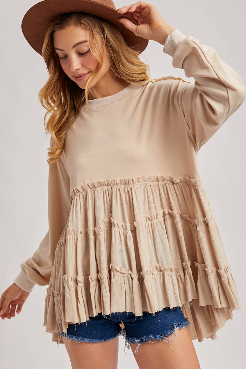 TIERED RUFFLE HEM SWEATSHIRT: OATMEAL / S