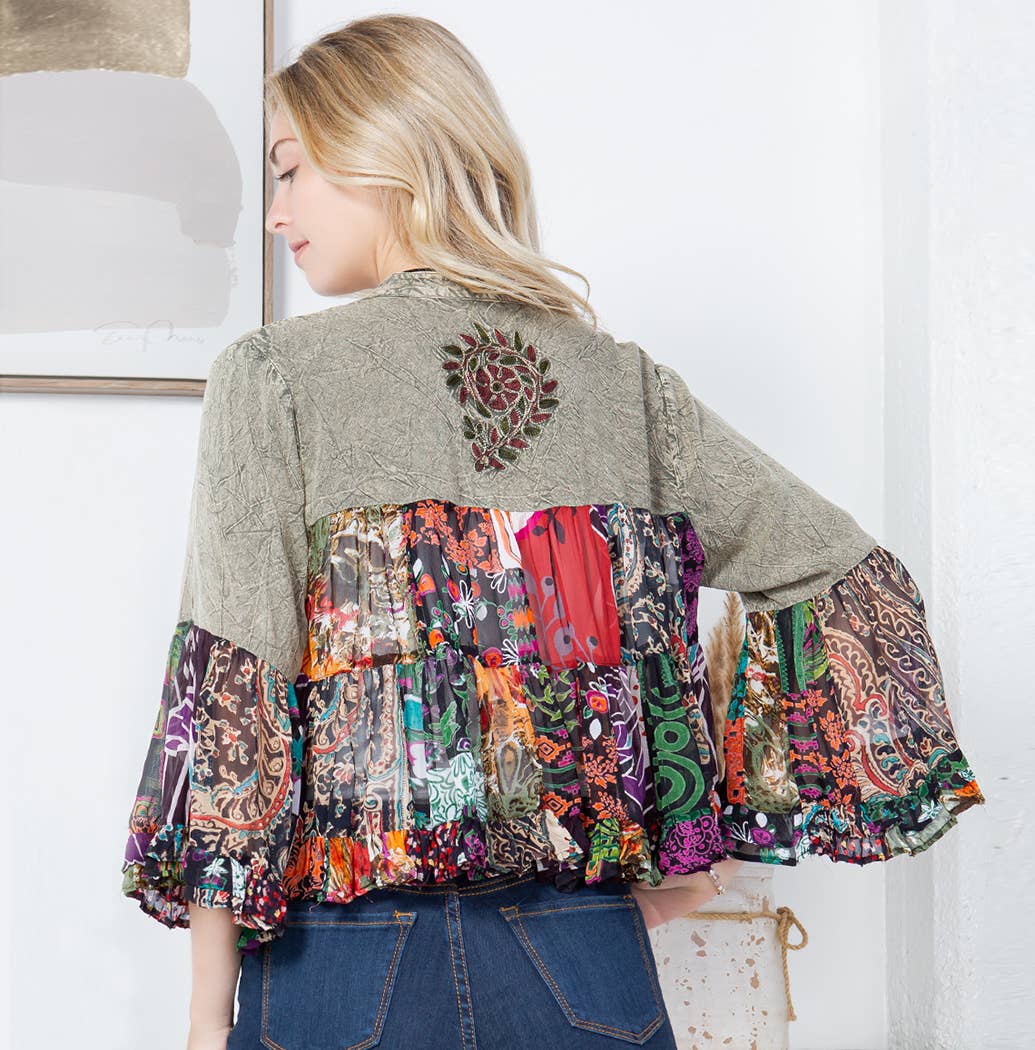 Basil Patchwork Cropped Shrug