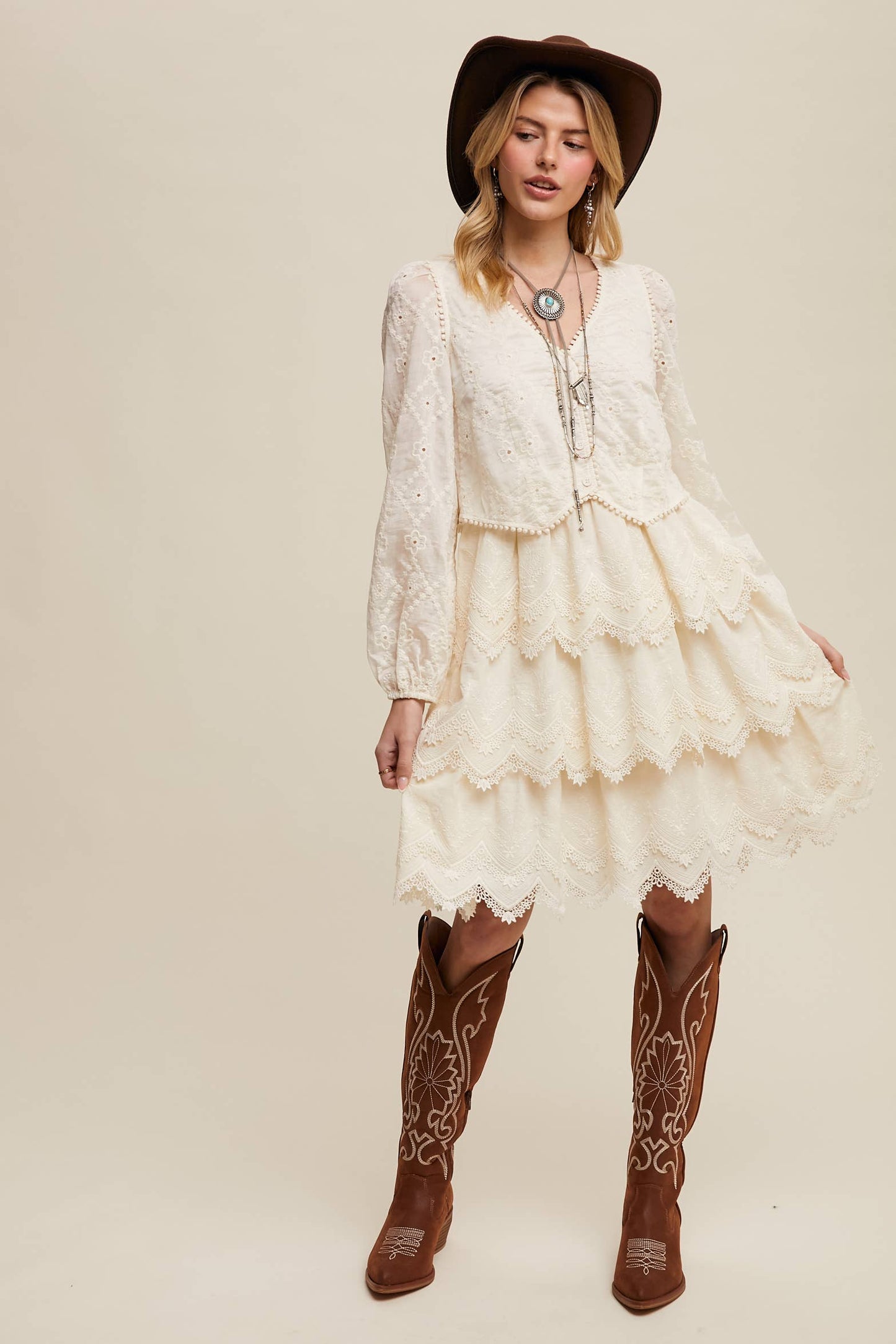 Ecru Tiered Scallop Mini Dress