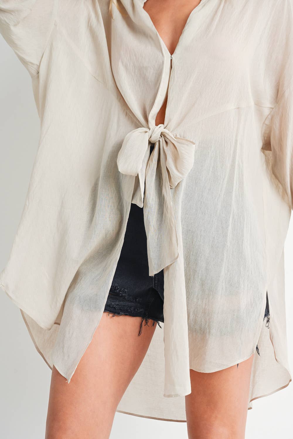 Oatmeal Tie-Front Tunic Shirt