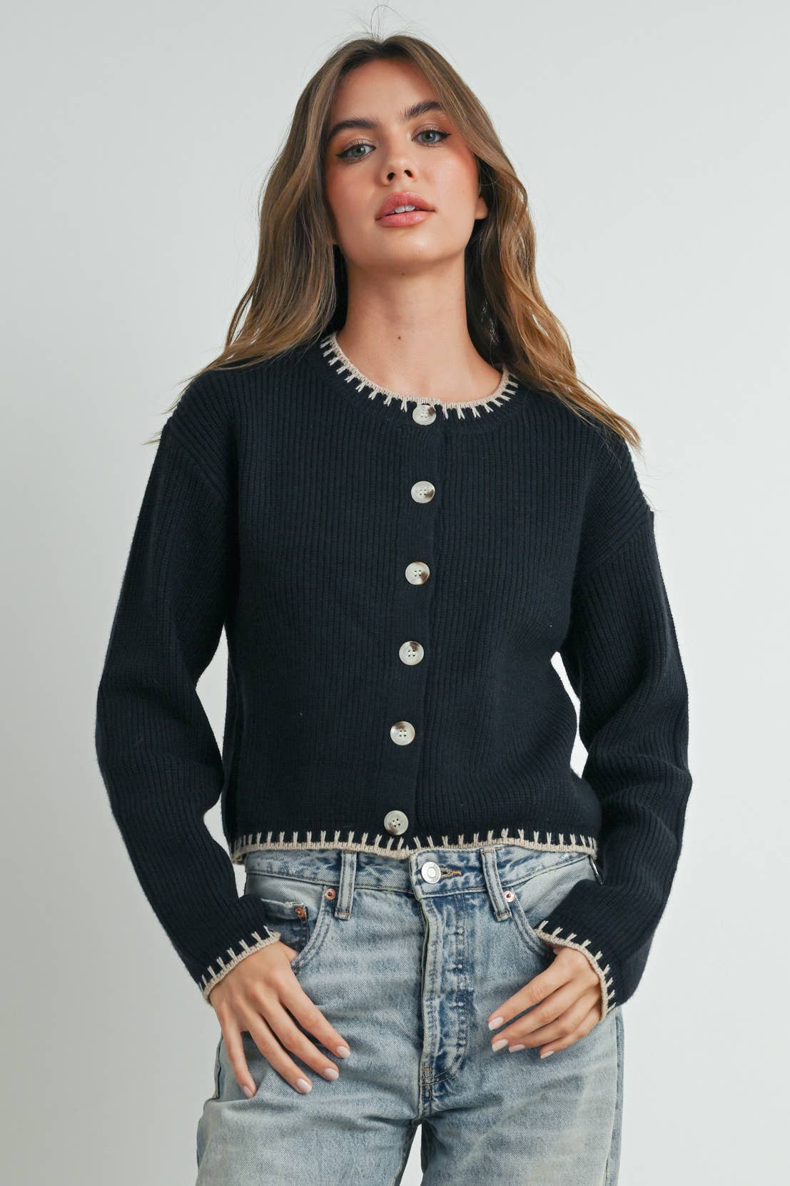 Women's Crewneck Cardigan Sweater - BMC7526: TAUPE / BLACK / S