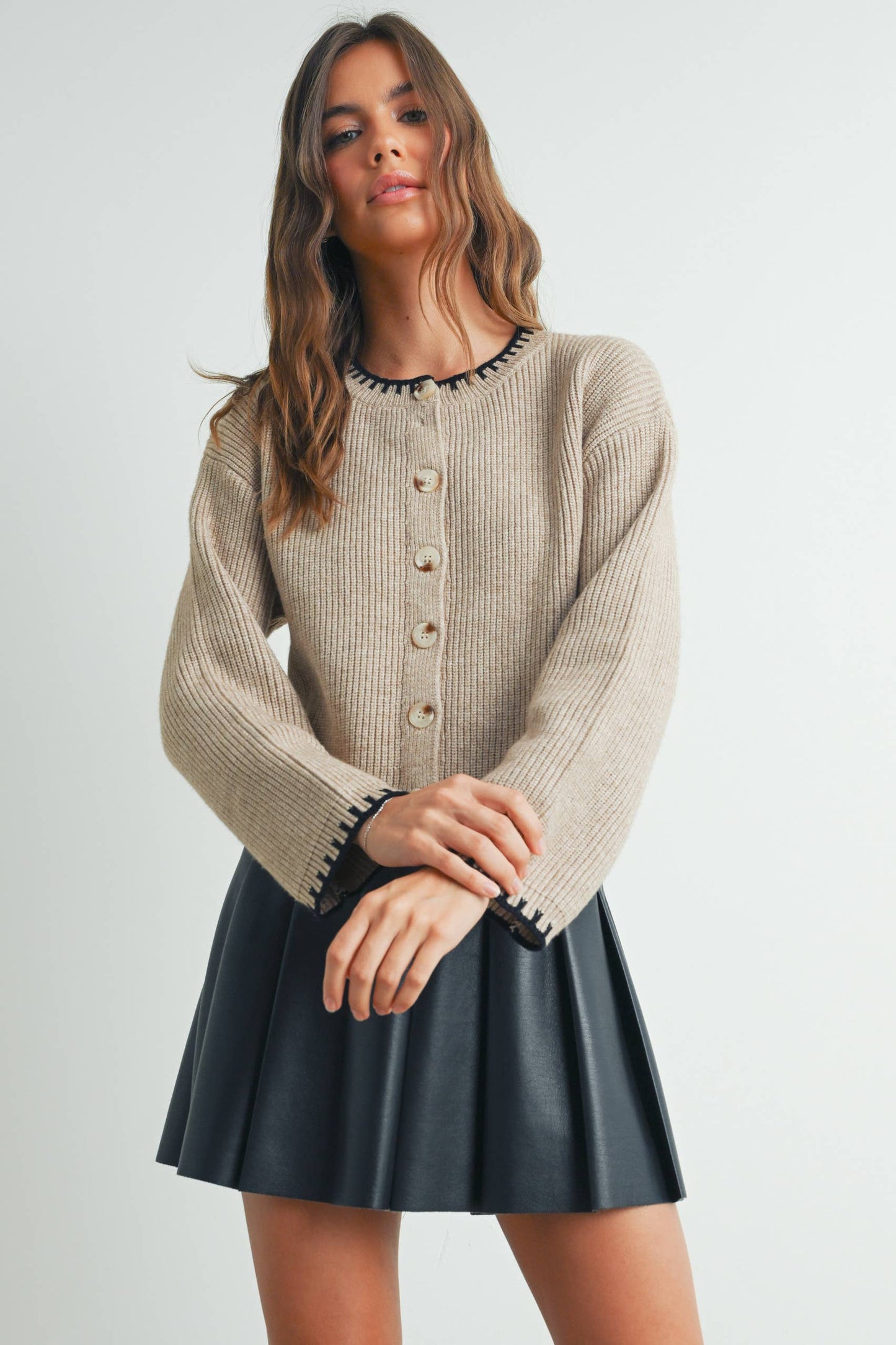 Women's Crewneck Cardigan Sweater - BMC7526: TAUPE / BLACK / S