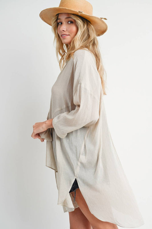Oatmeal Tie-Front Tunic Shirt