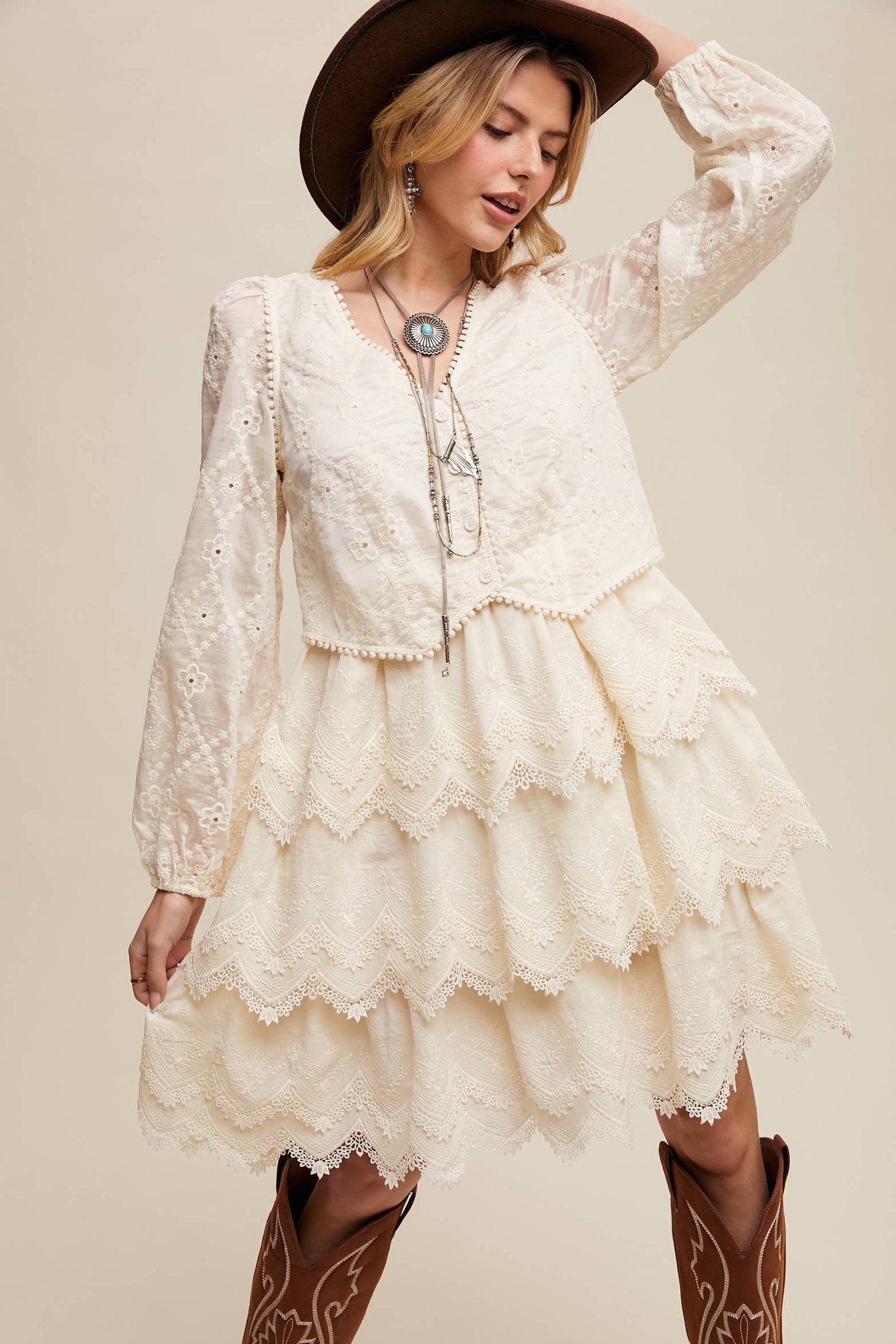 Ecru Tiered Scallop Mini Dress