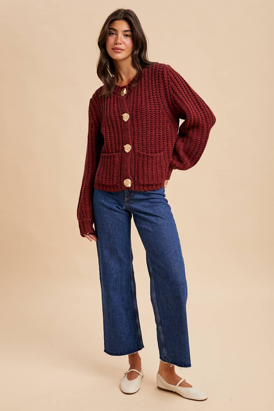 CHUNKY STATEMENT BUTTON CABLE KNIT CARDIGAN: MOCHA MOUSSE / S