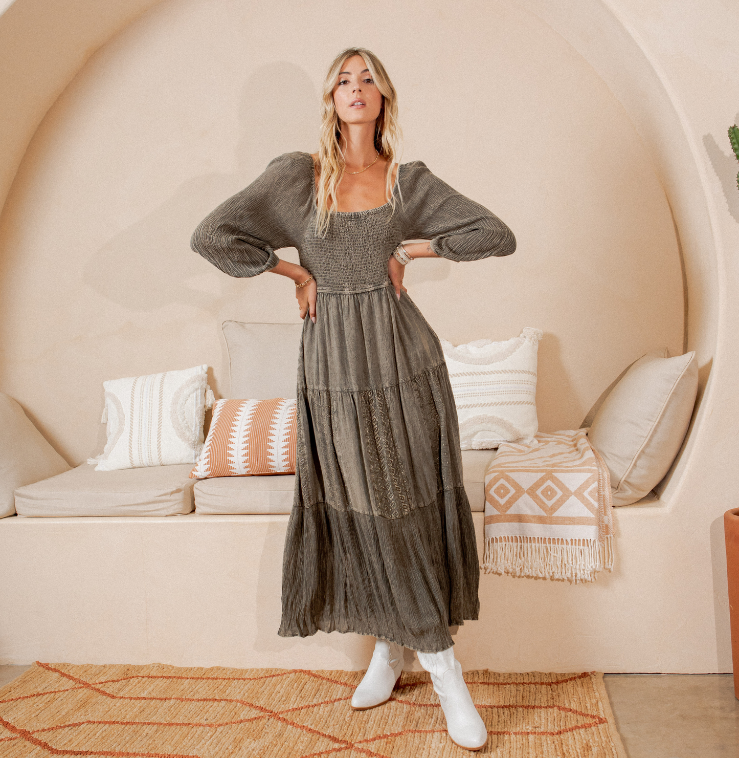 Embroidered Empire Mid-Length Dress (New Color): Amber / REGULAR (S-M-L-XL 1-2-2-1)