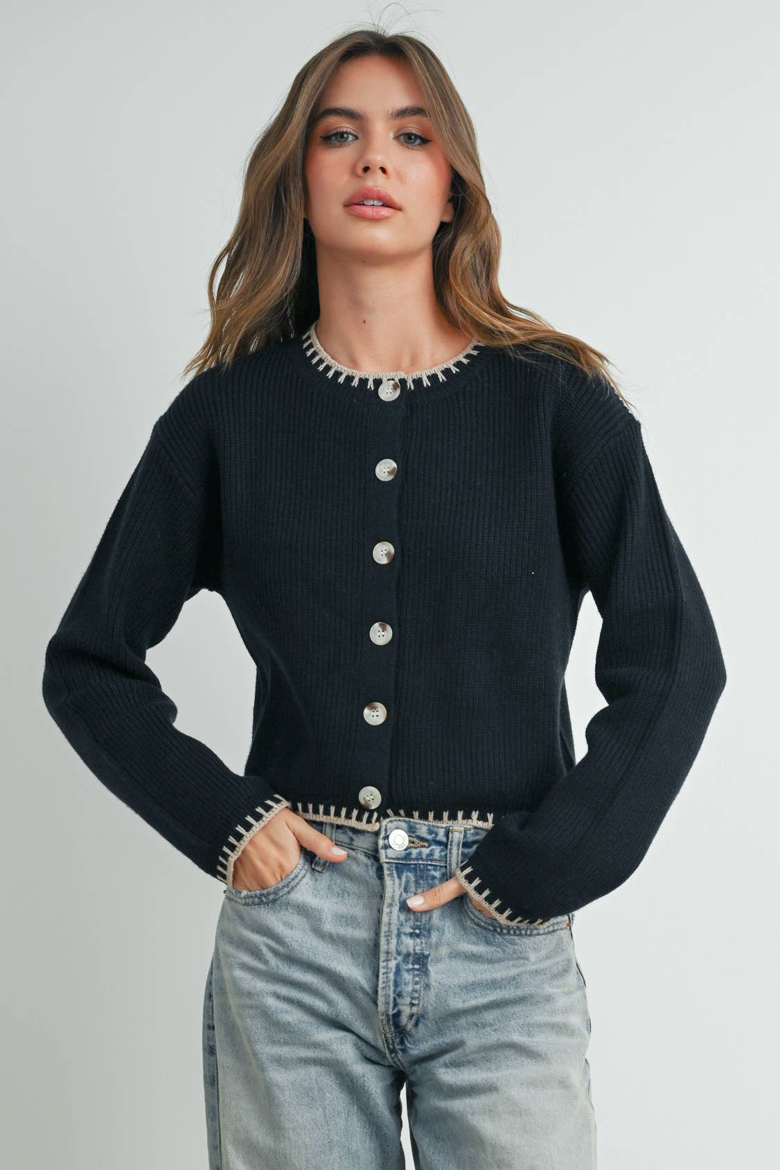 Women's Crewneck Cardigan Sweater - BMC7526: TAUPE / BLACK / S