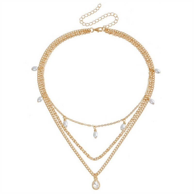 MULTI LAYER STONE CHAIN TEARDROP CHARM NECKLACE | 40NK9637: GOLD