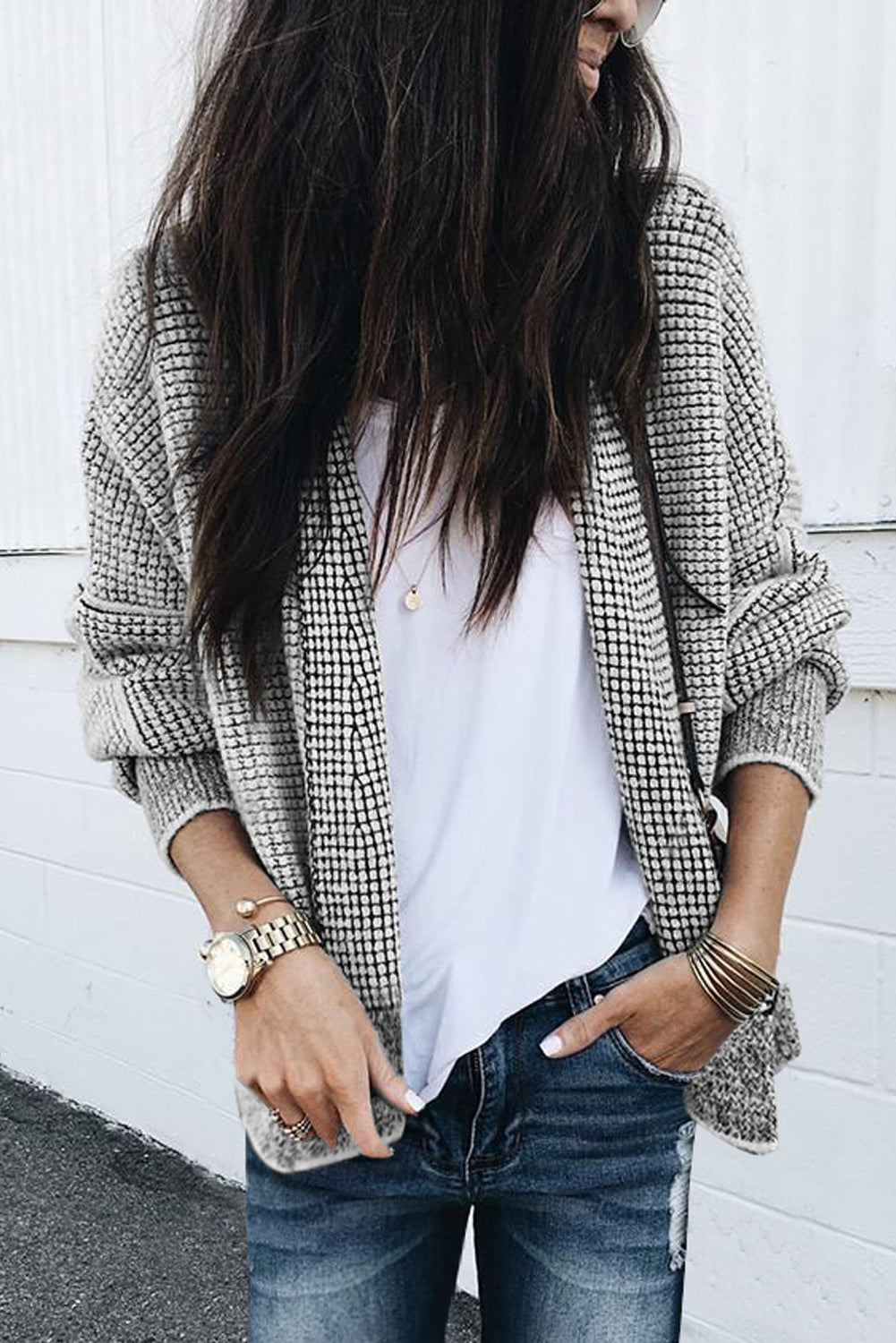 Grey Contrast Open Front Cardigan