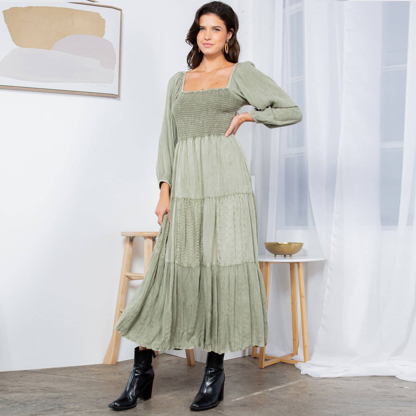 Embroidered Empire Mid-Length Dress (New Color): Amber / REGULAR (S-M-L-XL 1-2-2-1)