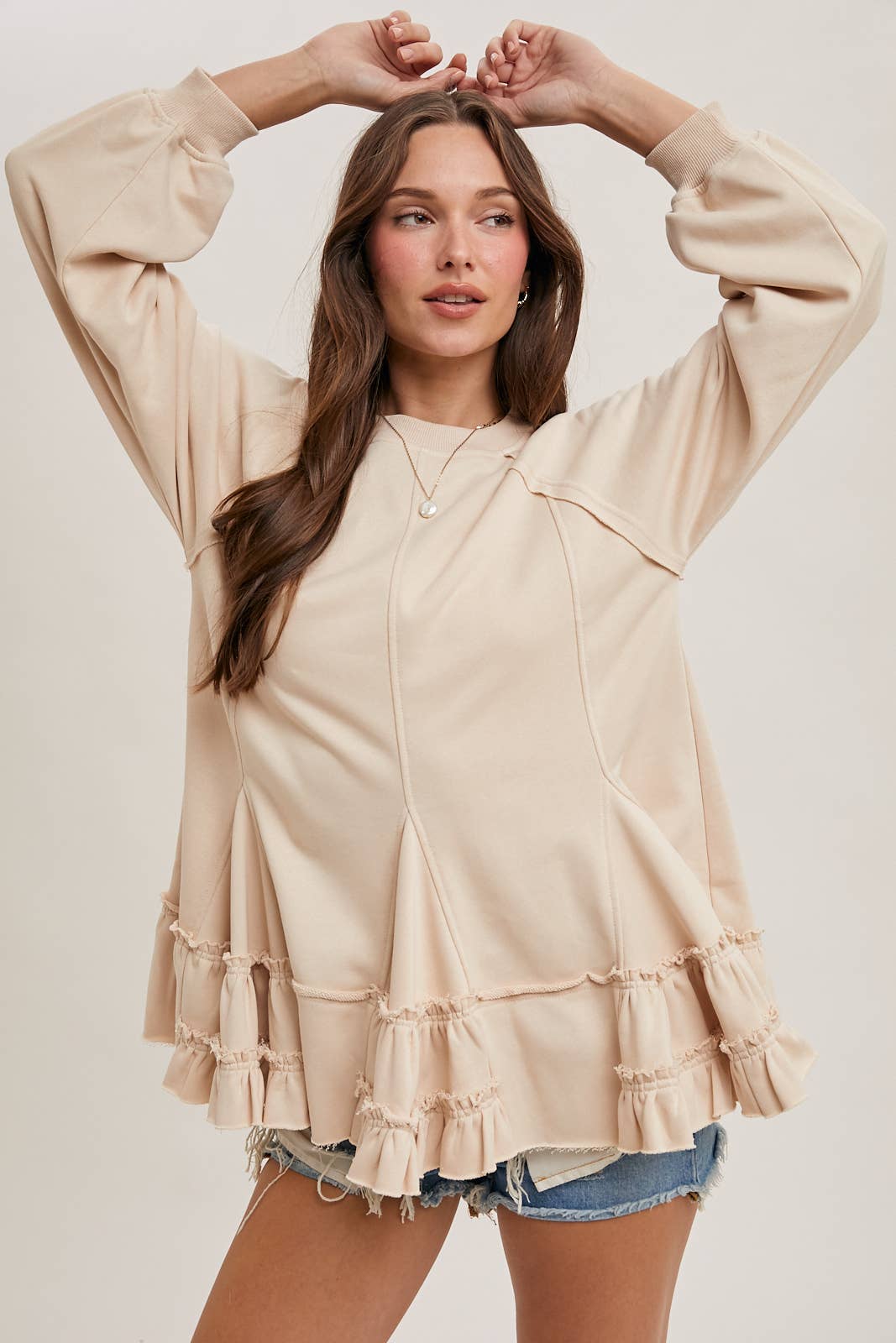 FRENCH TERRY RUFFLED TIERED HEM TUNIC SWEATSHIRT: ASH / M