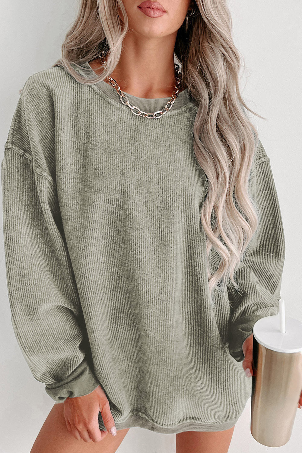 Green Solid Rib Crew Neck