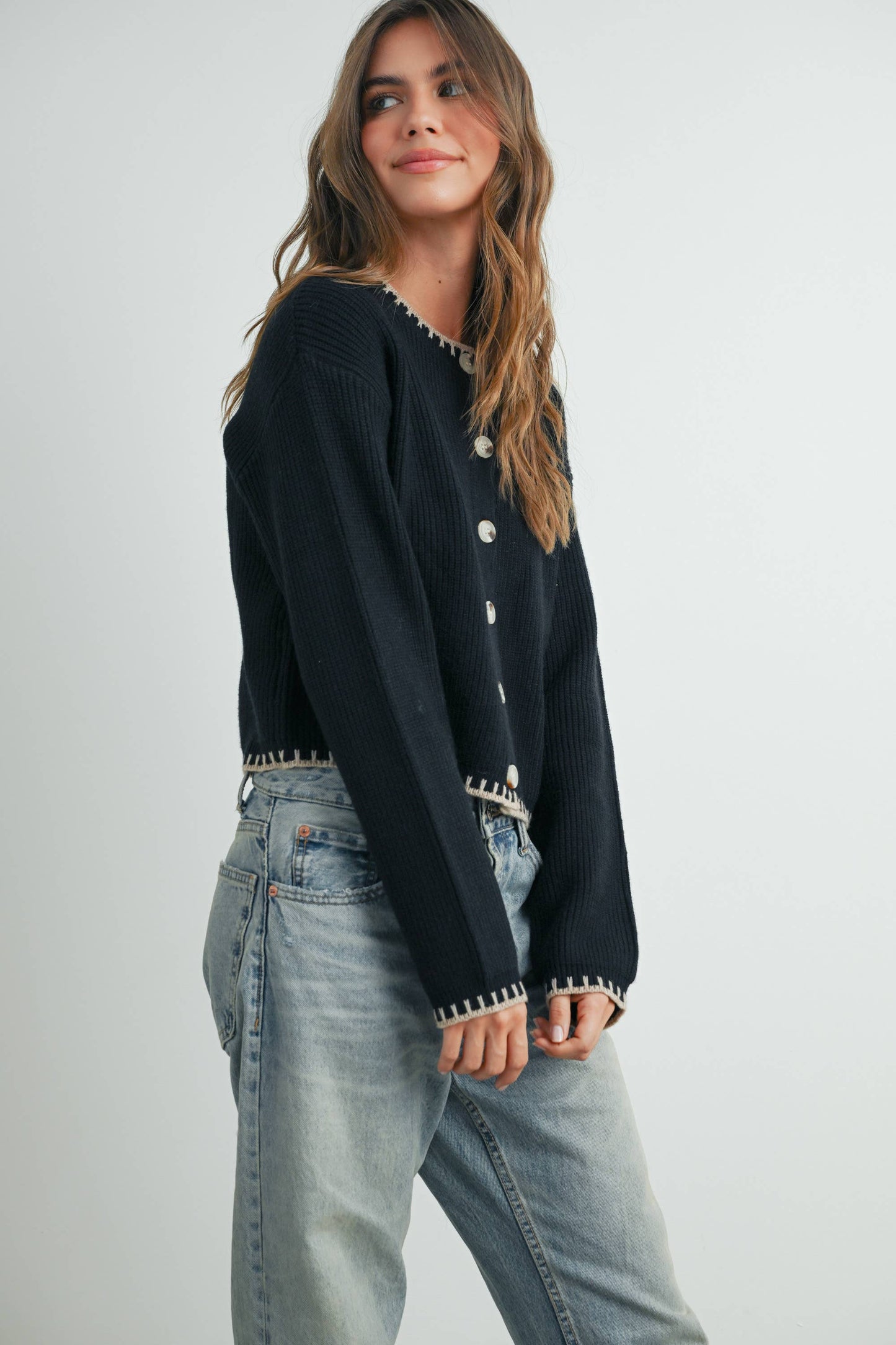 Women's Crewneck Cardigan Sweater - BMC7526: TAUPE / BLACK / S