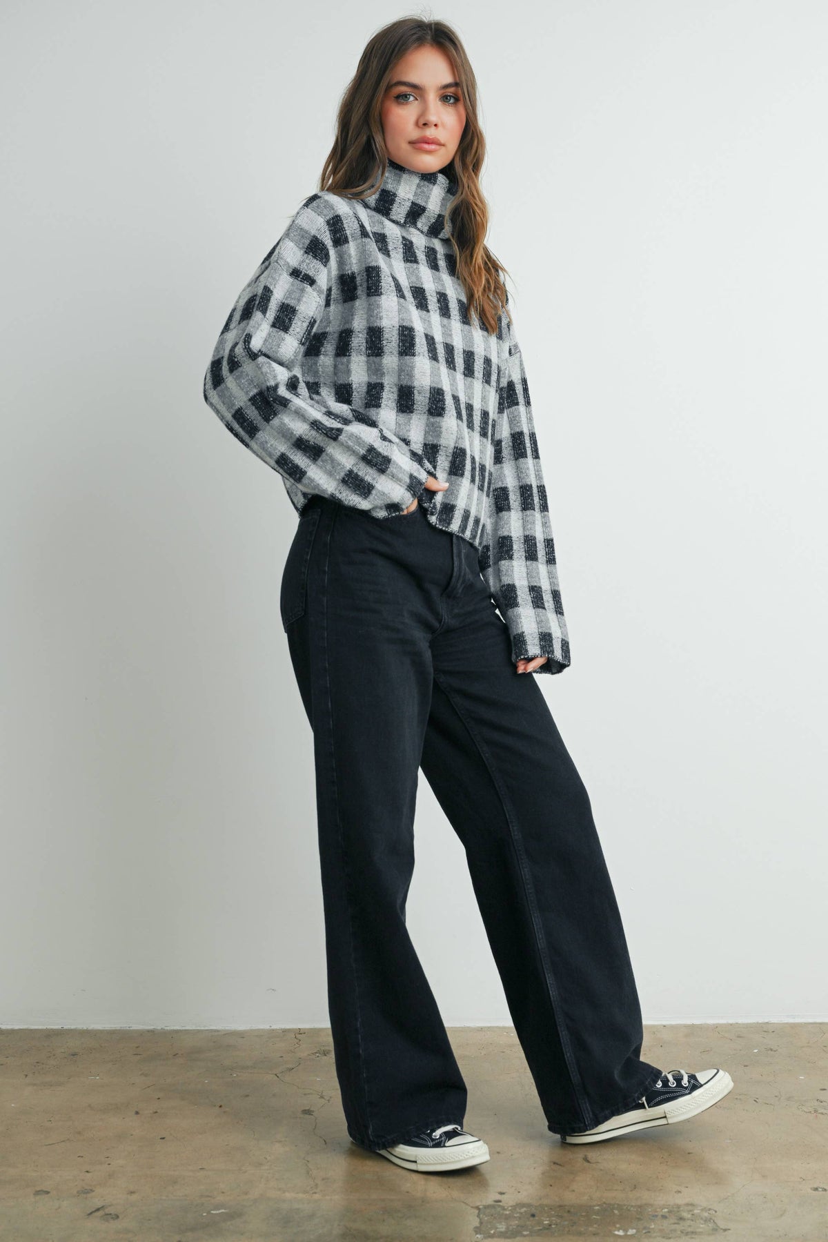 Fall Check Turtleneck Sweater - BMW7532: TAUPE MULTI / S