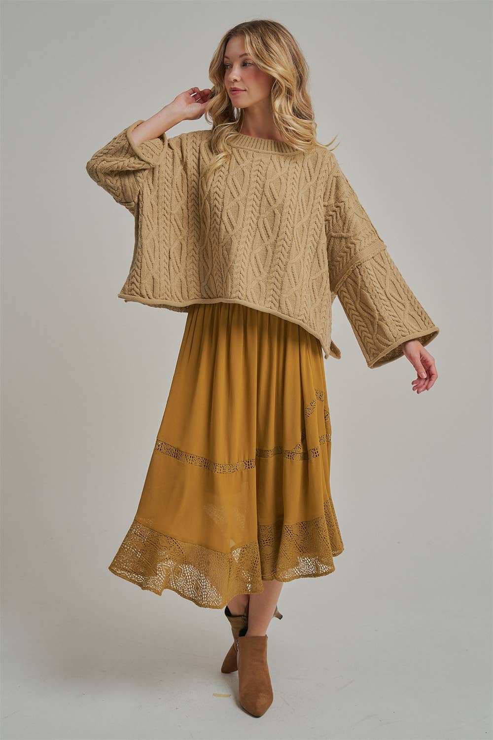 CRINKLED WOVEN BOHO MIDI SKIRT _JLB80101-01: OLIVE / S-M-L(2-2-2)