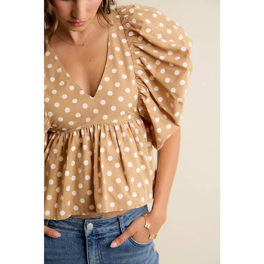 POLKA DOT BUBBLE SLEEVES BACK SMOCKED LINED BLOUSE TOP: BEIGE/WHITE / L