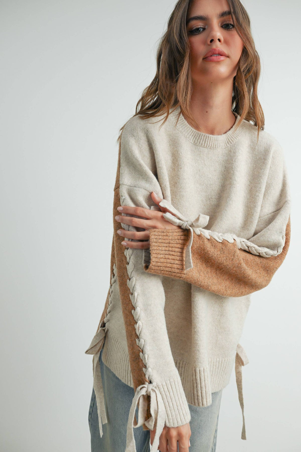 Crew Neck Long Sleeve Pullover Sweater - BMW7587: TAUPE MULTI / M