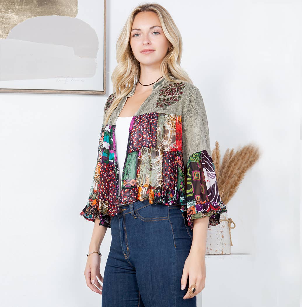 Basil Patchwork Cropped Shrug