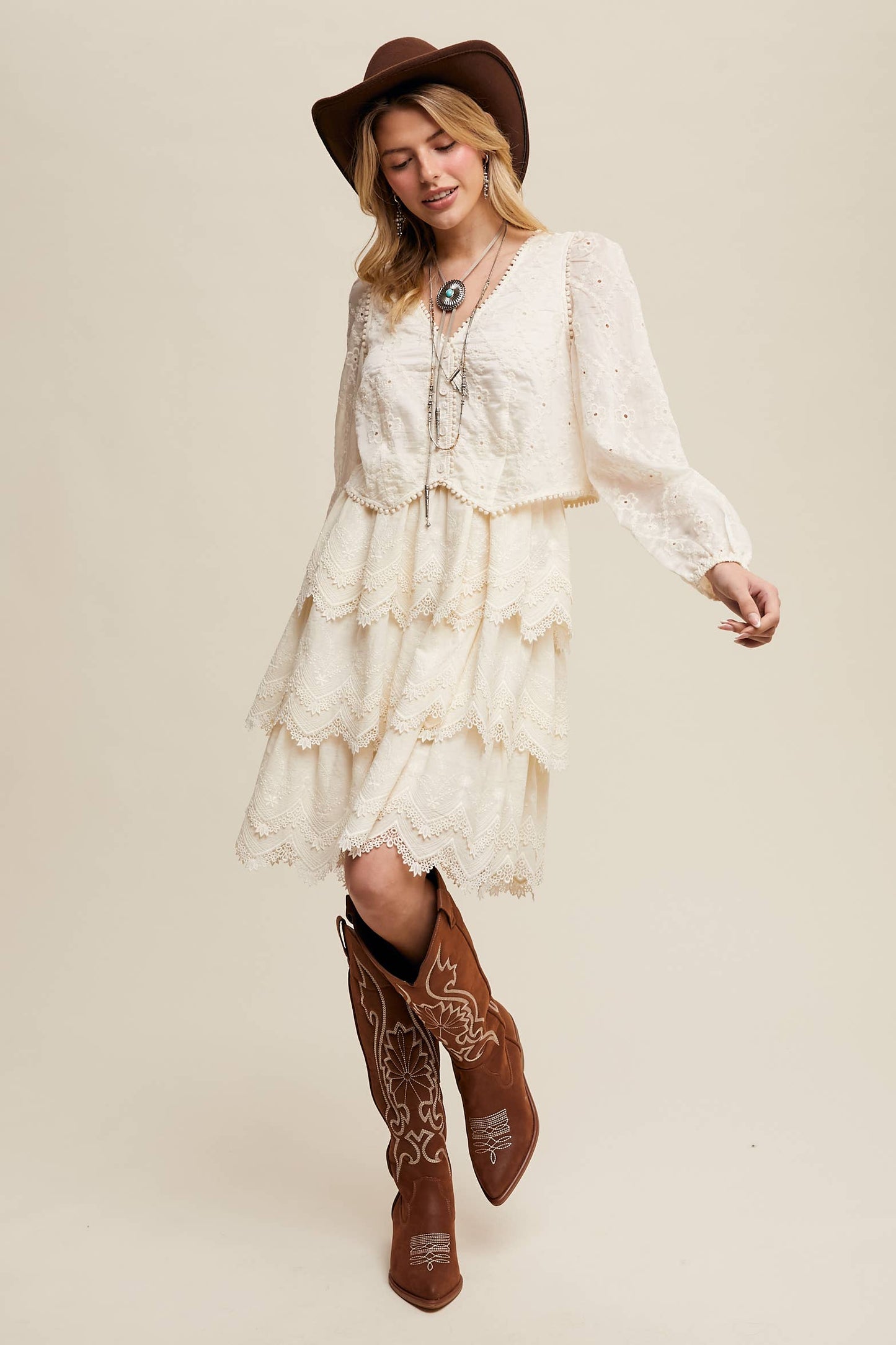 Ecru Tiered Scallop Mini Dress