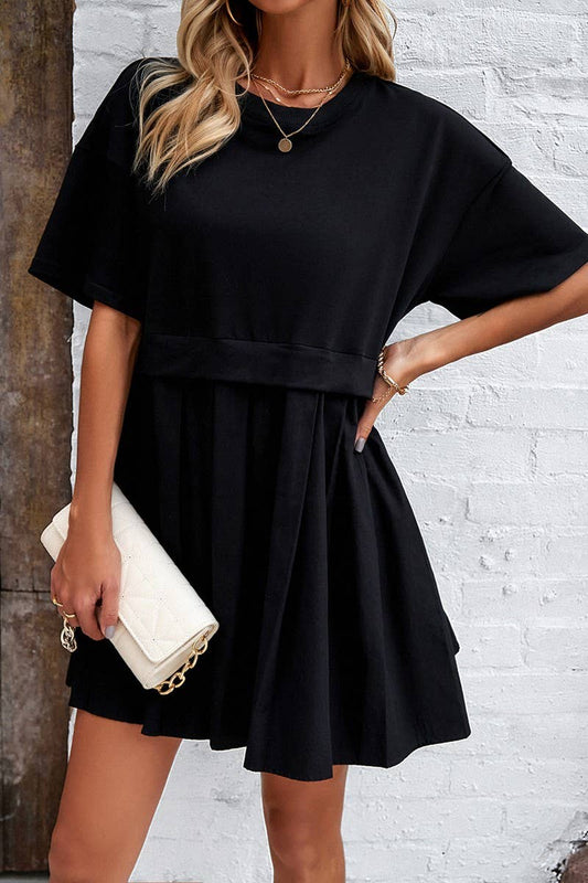Black Short Sleeve Stitching Dress