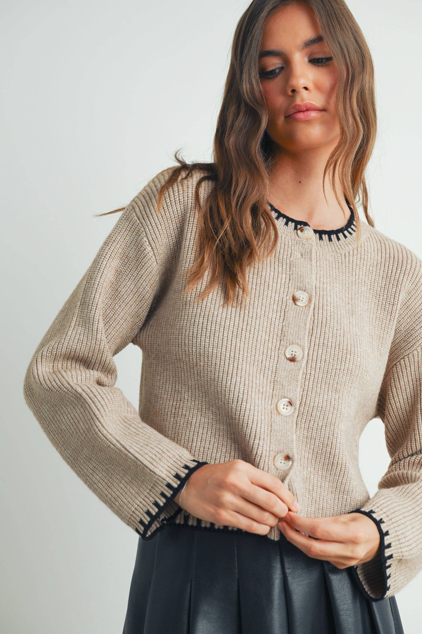 Women's Crewneck Cardigan Sweater - BMC7526: TAUPE / BLACK / S