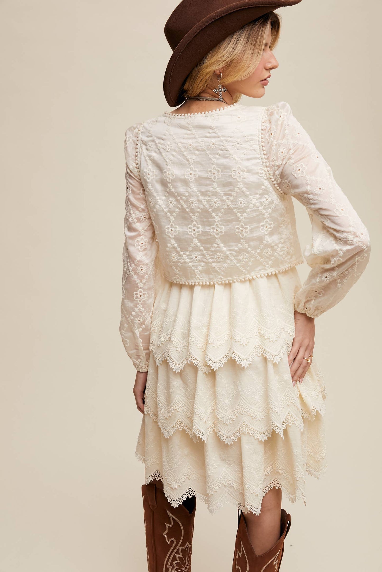 Ecru Tiered Scallop Mini Dress