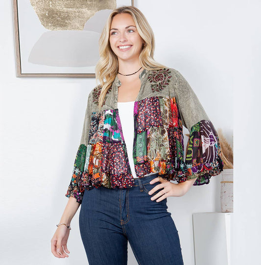 Basil Patchwork Cropped Shrug